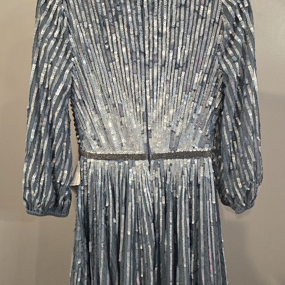NEW MAC DUGGAL 5509 $598 SLATE BLUE SEQUINED 3/4 SLEEVE TULLE LONG GOWN Size 4 - Picture 7 of 12